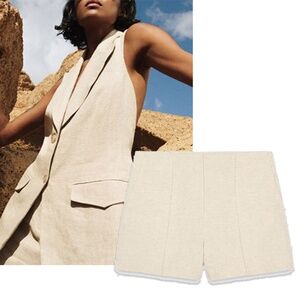 ZARA High Waist Minimalist Seam Shorts Beige Medium